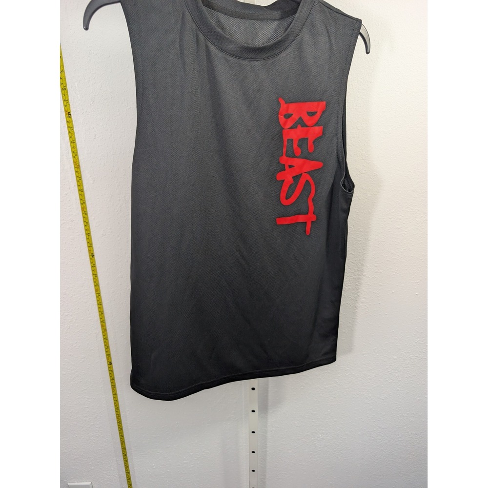 Shein Beast Gym Tank Top Mens Large Black Red Graphic Mesh Sleeveless Shirt L